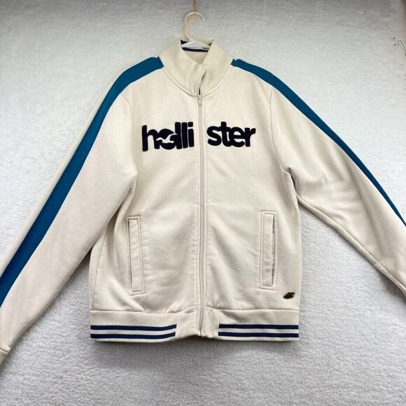 Hollister Mens Track Jacket Size Large White Blue Felt Spellout Logo Stripes Y2K